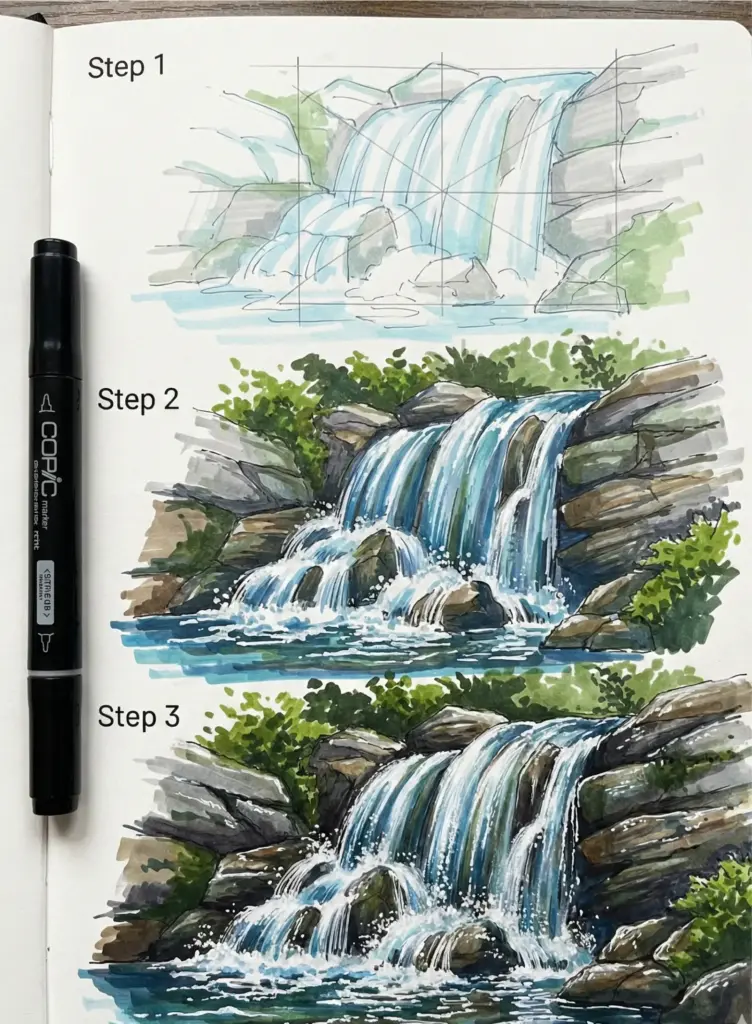 waterfall-sketch-3 Waterfall drawing tutorial in three steps, with a sketch evolving into a detailed artwork. Copic marker displayed beside for reference. | Sky Rye Design Waterfall drawing tutorial in three steps, with a sketch evolving into a detailed artwork. Copic marker displayed beside for reference. How to Draw a Waterfall
