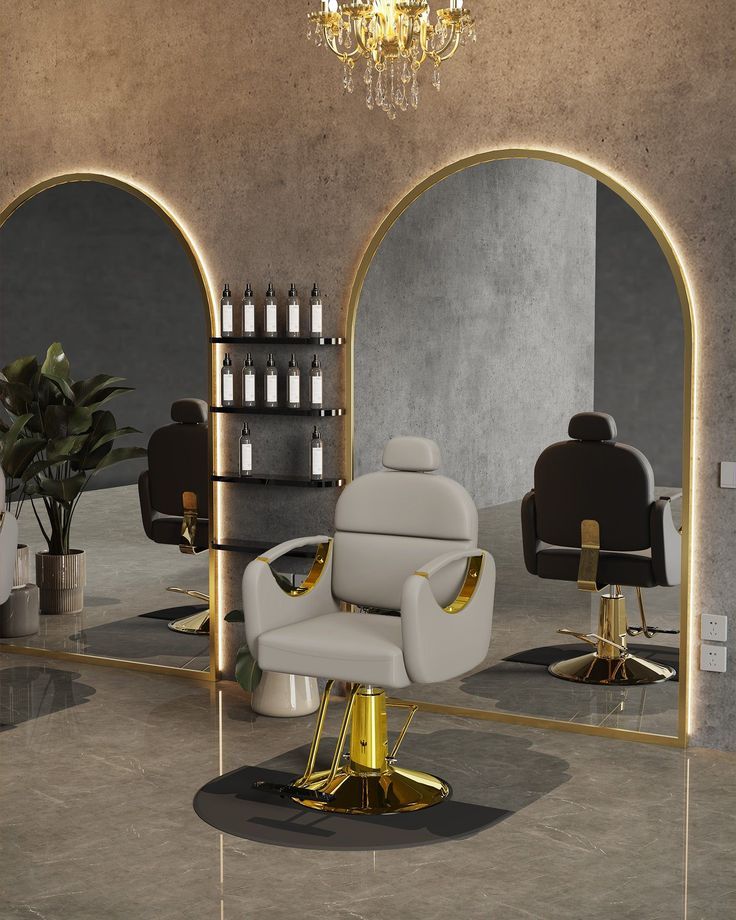 whatsapp_ 008615219623035_if youre interested in just free feel contact me _ Luxurious salon interior with elegant hairdressing chair, large mirrors, modern shelving, and stylish chandelier. Ideal for a premium salon. | Sky Rye Design Luxurious salon interior with elegant hairdressing chair, large mirrors, modern shelving, and stylish chandelier. Ideal for a premium salon.