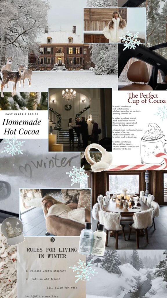 whitechristmas luxurychristmas winterwonderland whitewinter snowflake Cozy winter collage with snowy scenes, homemade hot cocoa recipe, and warm interior, showcasing the essence of a perfect winter day. | Sky Rye Design Cozy winter collage with snowy scenes, homemade hot cocoa recipe, and warm interior, showcasing the essence of a perfect winter day.