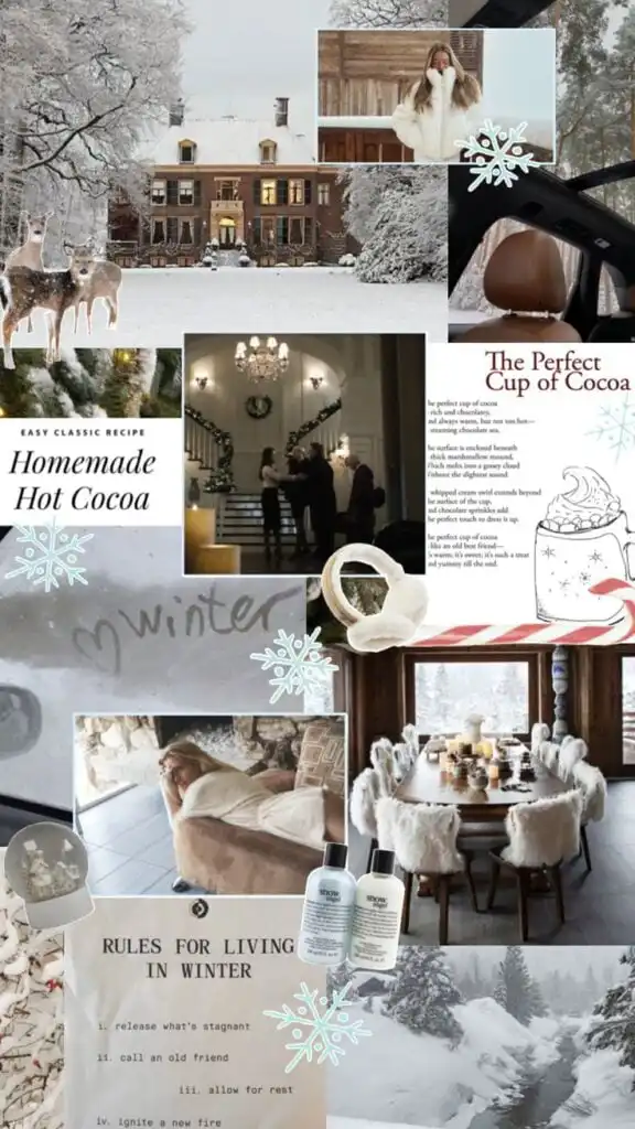 Cozy winter collage with snowy scenes, homemade hot cocoa recipe, and warm interior, showcasing the essence of a perfect winter day.