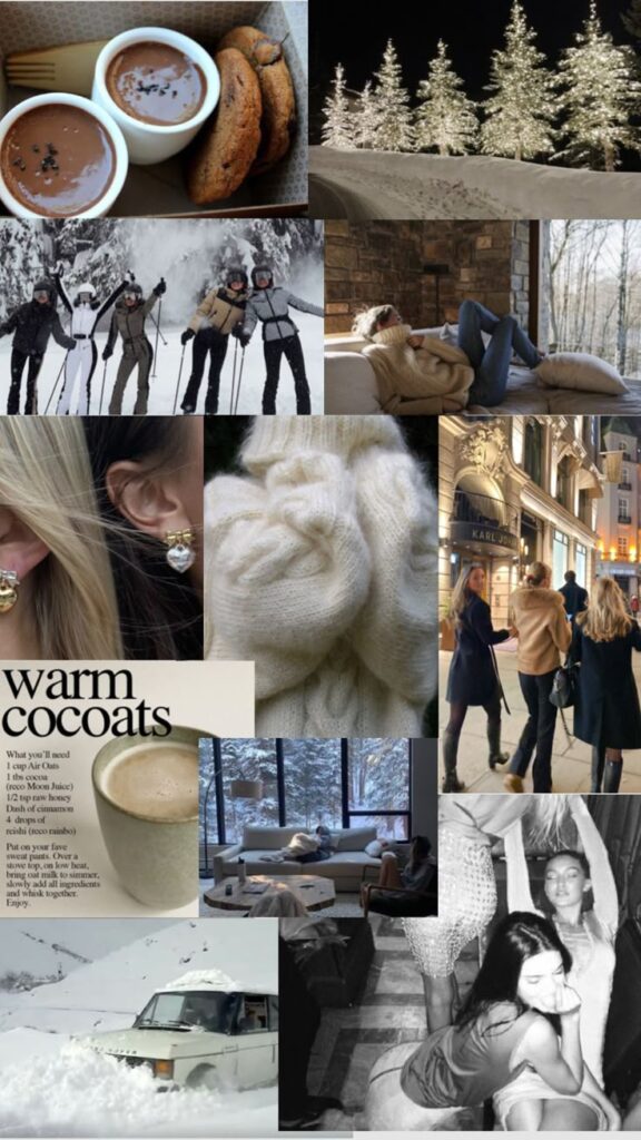 winter Winter collage with cocoa, cookies, snowy landscapes, cozy interiors, skiing, warm fashion, and nighttime city strolls. | Sky Rye Design Winter collage with cocoa, cookies, snowy landscapes, cozy interiors, skiing, warm fashion, and nighttime city strolls.