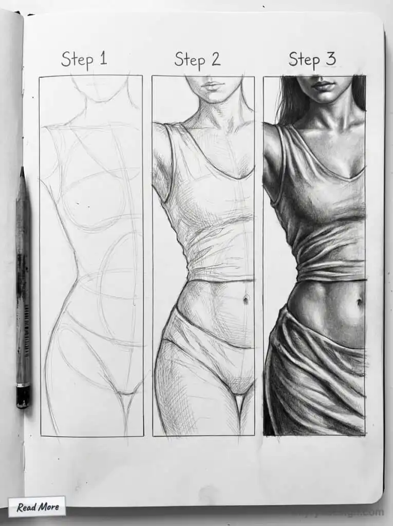 Sketch tutorial in three steps: basic outline, detailed shading, and realistic texture on torso. Pencil and paper included.