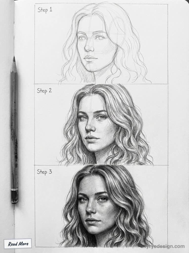 woman-hair Step-by-step pencil drawing of a woman's face, showing sketching progression from basic outlines to detailed shading. | Sky Rye Design Step-by-step pencil drawing of a woman's face, showing sketching progression from basic outlines to detailed shading.