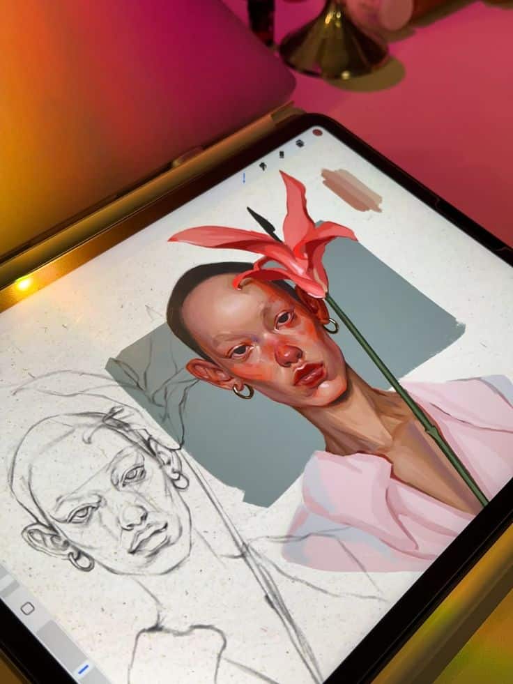 Кто в моем тг по iPad ждите процесс по данному портрету✅ Digital art creation on a tablet, showing a drawing of a person with a red flower. Sketch and colored version side by side. | Sky Rye Design Digital art creation on a tablet, showing a drawing of a person with a red flower. Sketch and colored version side by side.