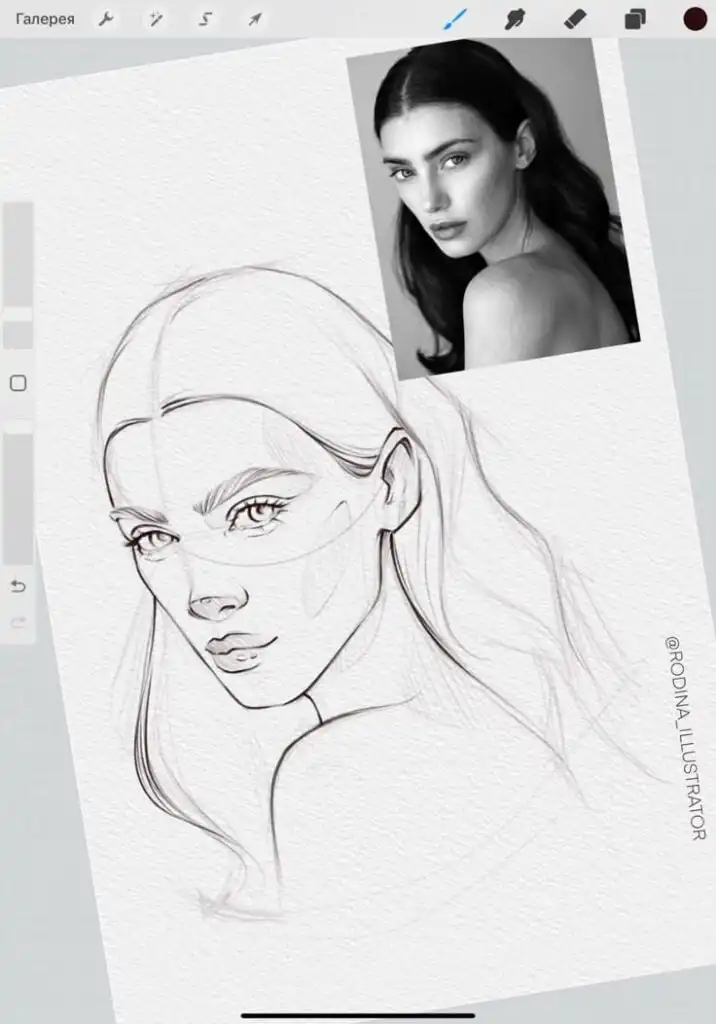 Digital illustration of a woman’s portrait in progress, inspired by a reference photo. Sketch by @rodina_illustrator.