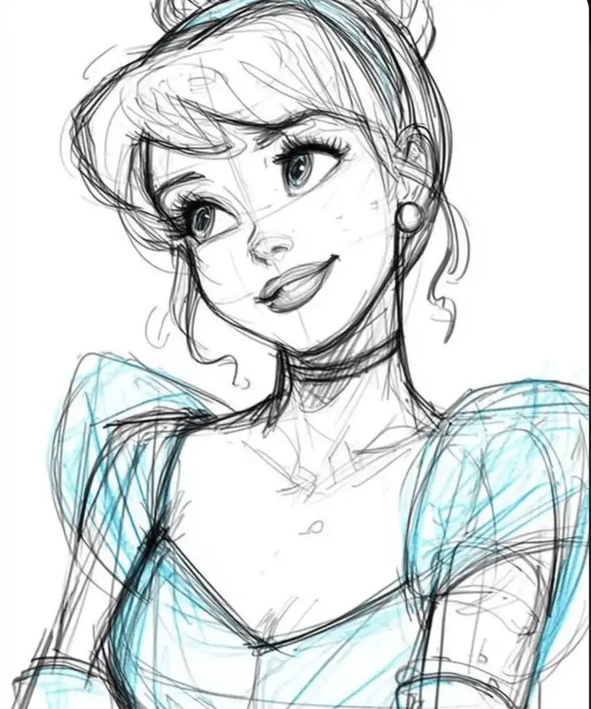 Снимок экрана 2026-01-03 в 201024 Sketch of a smiling princess with a blue dress and headband, featuring elegant earrings and an intricate hairstyle. | Sky Rye Design Sketch of a smiling princess with a blue dress and headband, featuring elegant earrings and an intricate hairstyle.