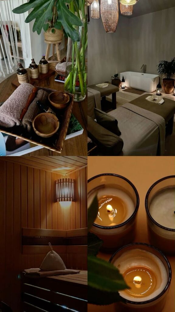 Спа Luxurious spa setting with cozy treatment rooms, candles, and sauna for relaxation and wellness. Tranquil, serene ambiance. | Sky Rye Design Luxurious spa setting with cozy treatment rooms, candles, and sauna for relaxation and wellness. Tranquil, serene ambiance.