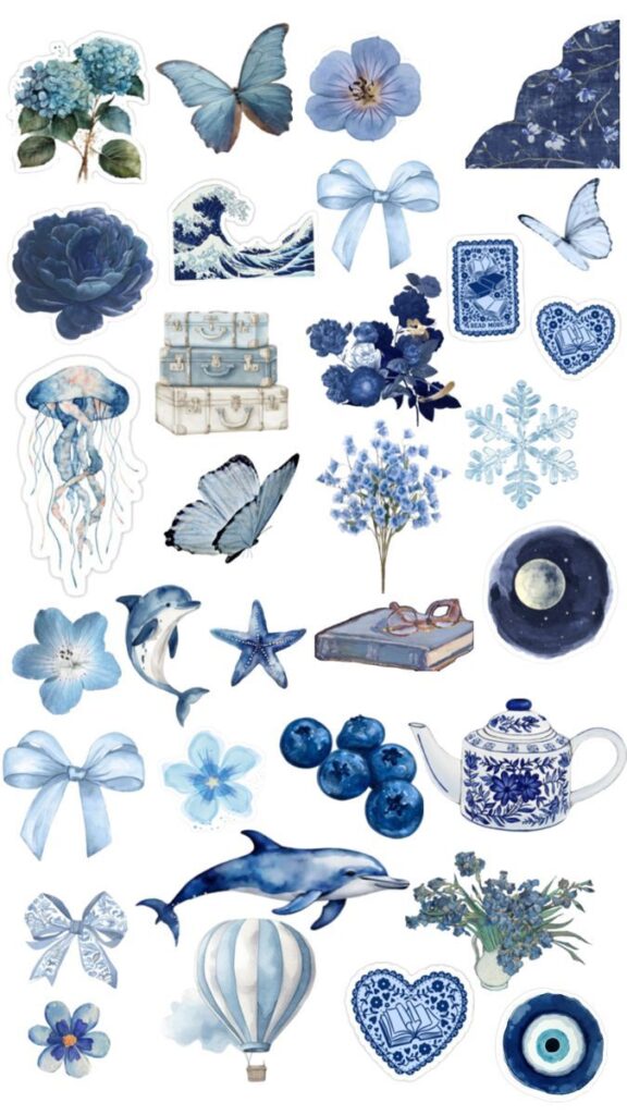 رائكم بالكحلي 🔥 Assorted blue-themed stickers: butterflies, flowers, waves, dolphins, and a teapot. Perfect for creative and artistic projects. | Sky Rye Design Assorted blue-themed stickers: butterflies, flowers, waves, dolphins, and a teapot. Perfect for creative and artistic projects.