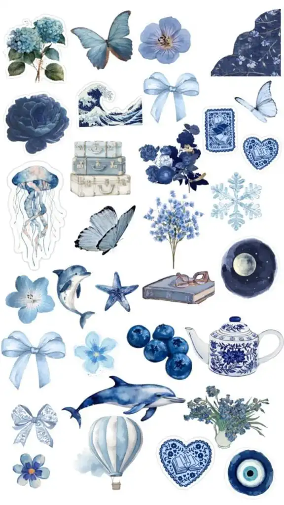 Assorted blue-themed stickers: butterflies, flowers, waves, dolphins, and a teapot. Perfect for creative and artistic projects.