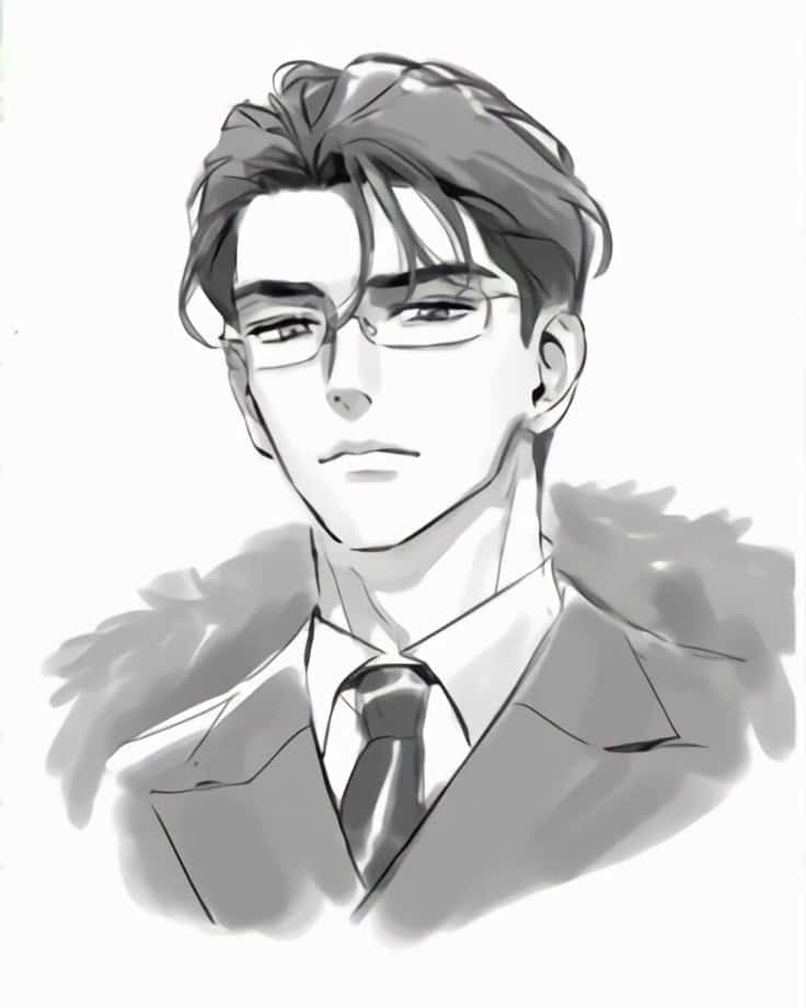 Black and white illustration of a confident anime man in glasses and a suit, looking serious and professional.