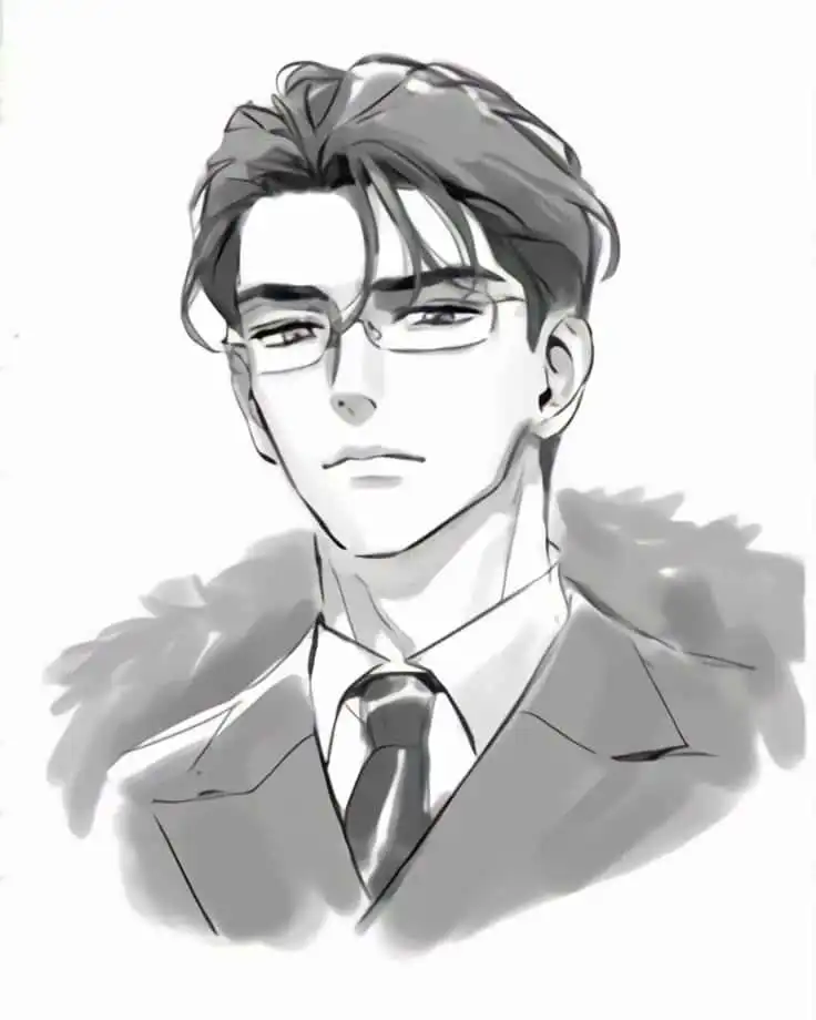 Black and white illustration of a confident anime man in glasses and a suit, looking serious and professional.