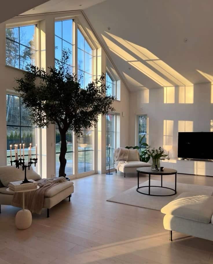 ⚡️🤍 Modern living room with large windows, cozy furniture, and indoor tree. Sunlight streaming in, creating a serene and inviting atmosphere. | Sky Rye Design Modern living room with large windows, cozy furniture, and indoor tree. Sunlight streaming in, creating a serene and inviting atmosphere.