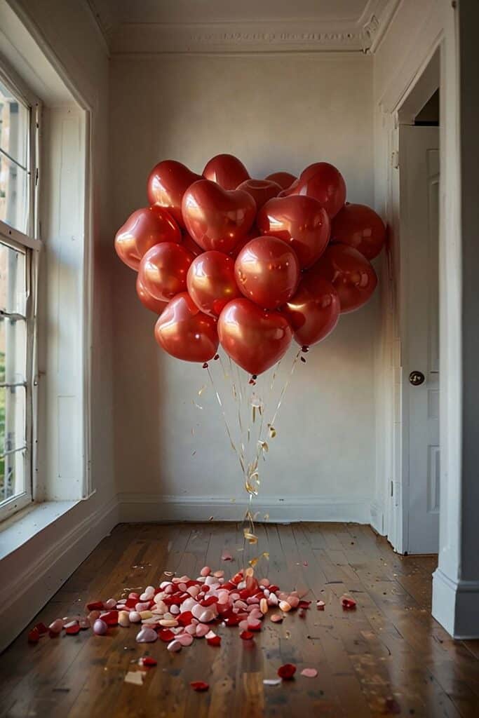 ✨ Sunlit Valentine Heart Balloon Nook 💖 Heart-shaped red balloons floating with scattered petals on a wooden floor in a softly lit room. Romantic decor for events or celebrations. | Sky Rye Design Heart-shaped red balloons floating with scattered petals on a wooden floor in a softly lit room. Romantic decor for events or celebrations.