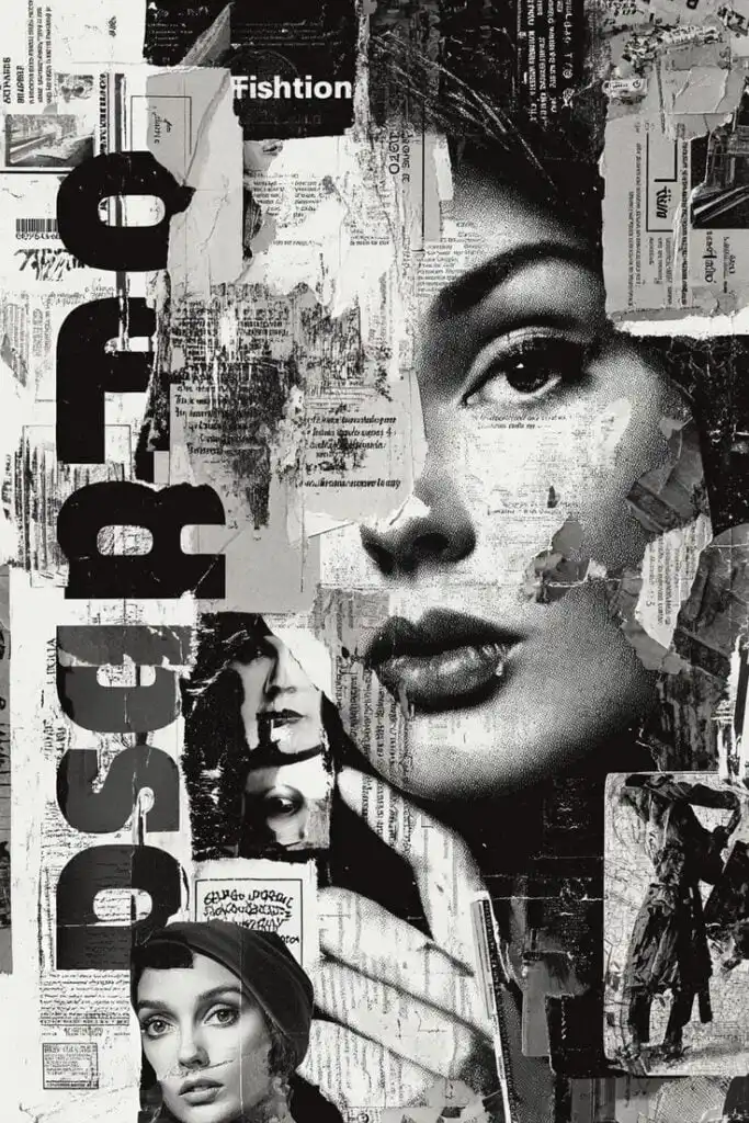 撕紙拼貼TearingCollage no_17943 Collage of monochrome vintage images and text fragments creates an intricate, artistic design featuring a prominent female face. | Sky Rye Design Collage of monochrome vintage images and text fragments creates an intricate, artistic design featuring a prominent female face.