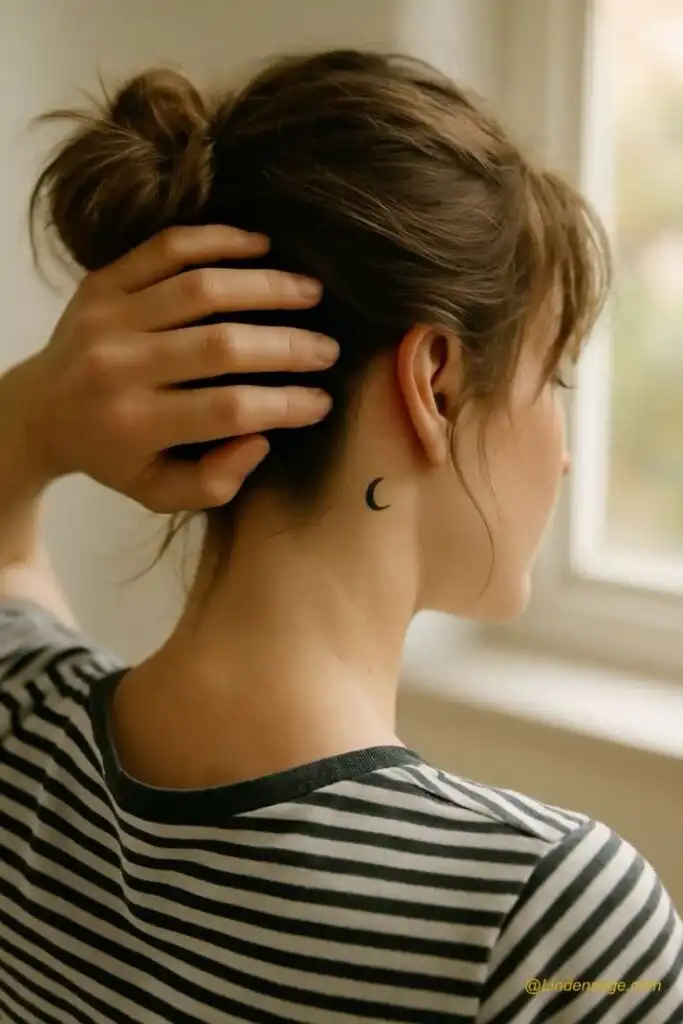 🌙 Behind-the-Ear Crescent Moon Tattoo _ Dainty Ink Secret Woman with a crescent moon tattoo on neck, wearing a striped shirt, hair in a bun, hand touching hair, near a window. | Sky Rye Design Woman with a crescent moon tattoo on neck, wearing a striped shirt, hair in a bun, hand touching hair, near a window.
