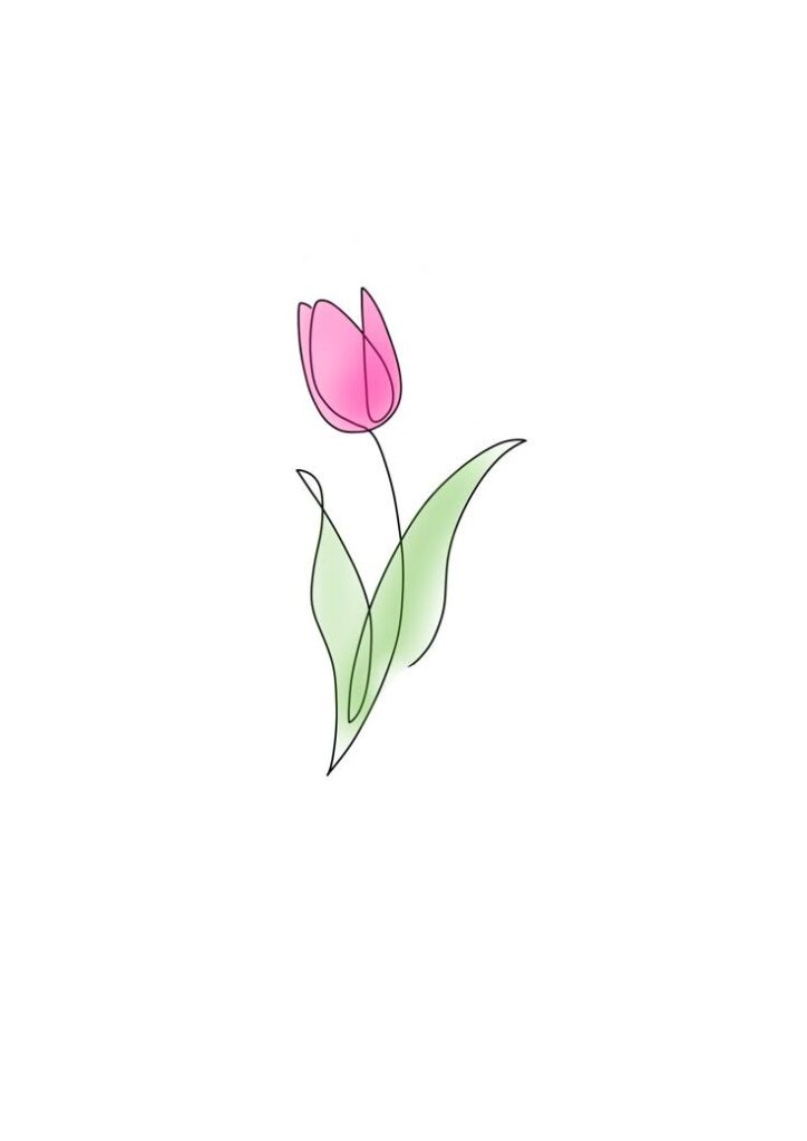 Minimalist drawing of a pink tulip with green leaves on a white background, emphasizing simple floral elegance.