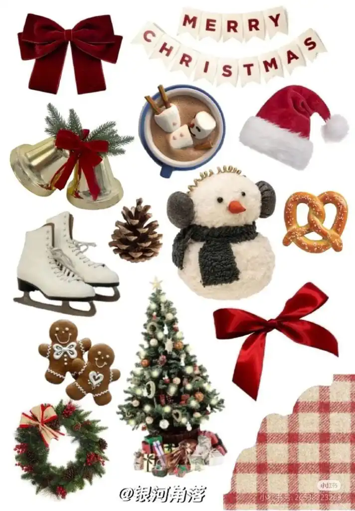 Festive Christmas collage with snowman, tree, gifts, Santa hat, skates, gingerbread cookies, wreath, bells, hot cocoa, and bows.