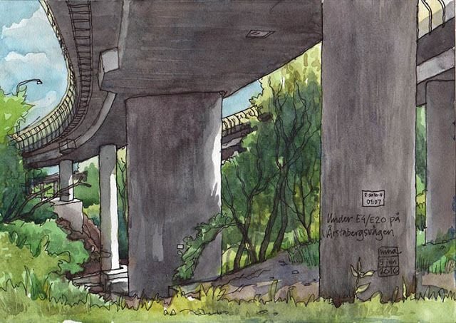 Watercolor painting of an urban highway overpass with concrete pillars, lush trees and grass beneath, sunlight filtering through.