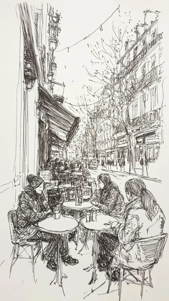 0383401cd29a9c69a26a96e98437e2b4 A lively sketch of people dining at an outdoor café on a bustling city street, capturing urban life and social interaction. | Sky Rye Design A lively sketch of people dining at an outdoor café on a bustling city street, capturing urban life and social interaction.