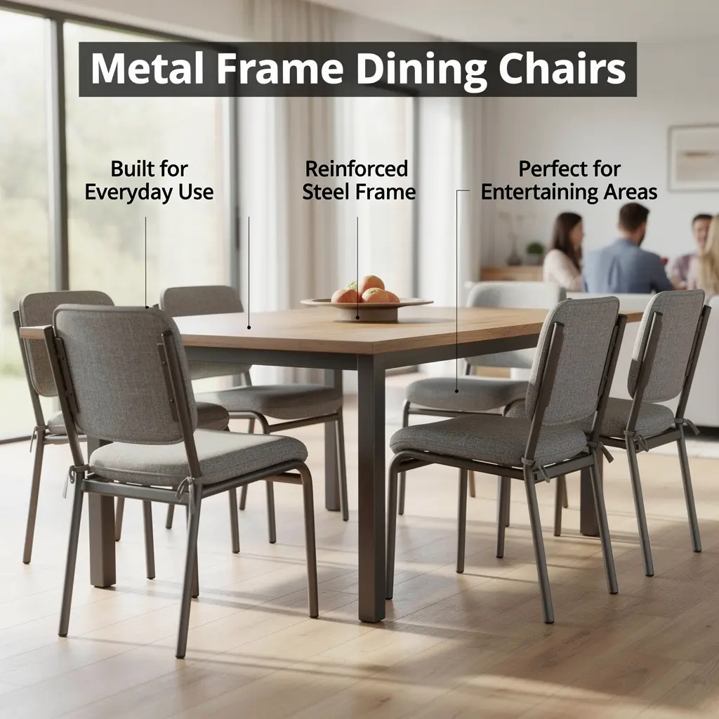 Modern dining set: six gray upholstered metal-frame chairs around a wooden table in a bright contemporary dining room.