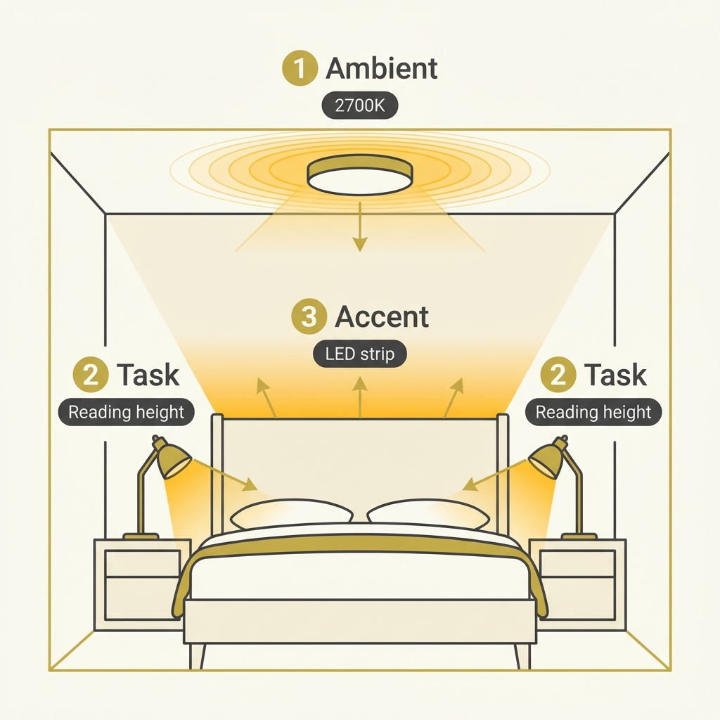 Bedroom lighting diagram showing ambient (2700K) ceiling light, task reading lamps, and accent LED strip above headboard.