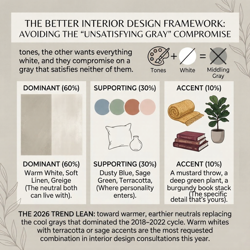 Interior design color framework 60/30/10: dominant warm whites, supporting dusty blue/sage/terracotta, mustard accents.