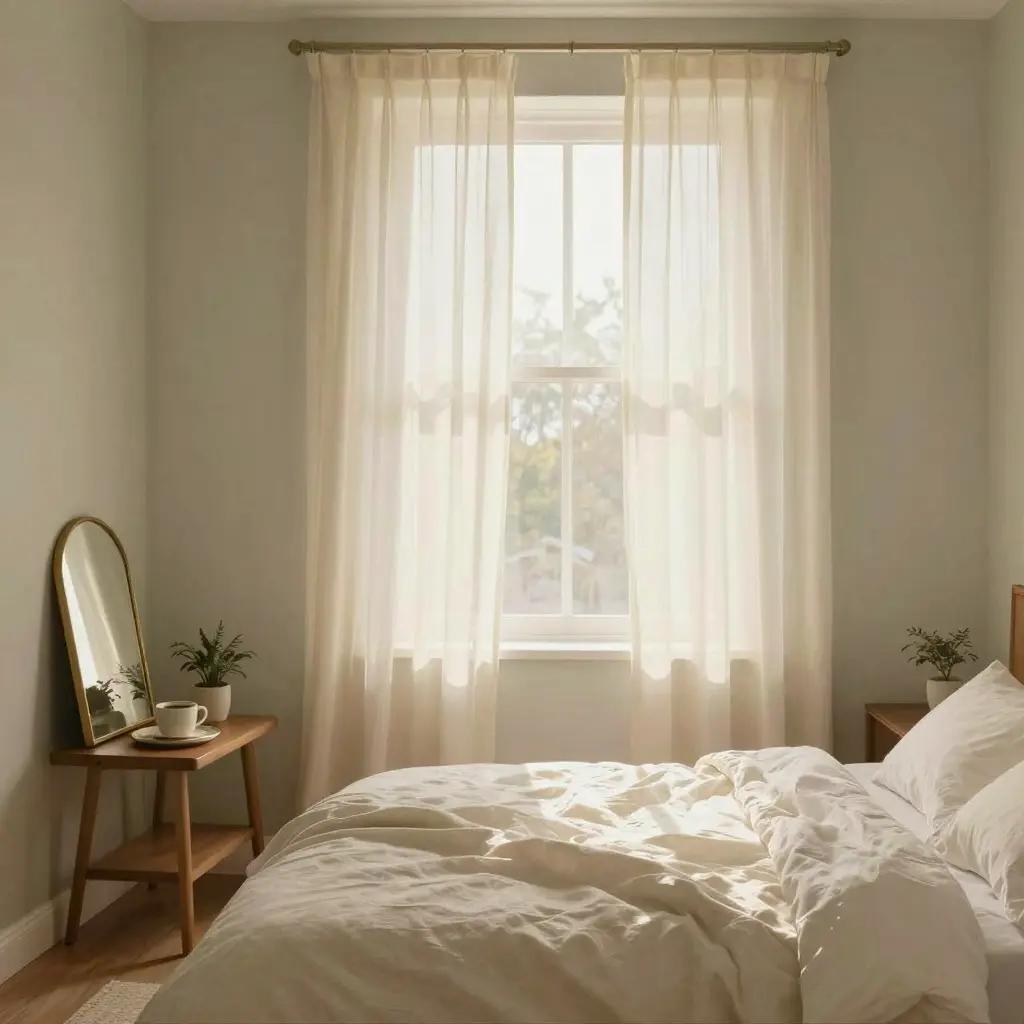 Cozy minimalist bedroom with sunlit window and sheer curtains, unmade white bedding, bedside tables, mirror and plants