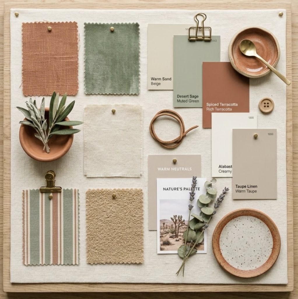 Home decor mood board color palette with terracotta, desert sage, neutral fabric swatches and ceramics