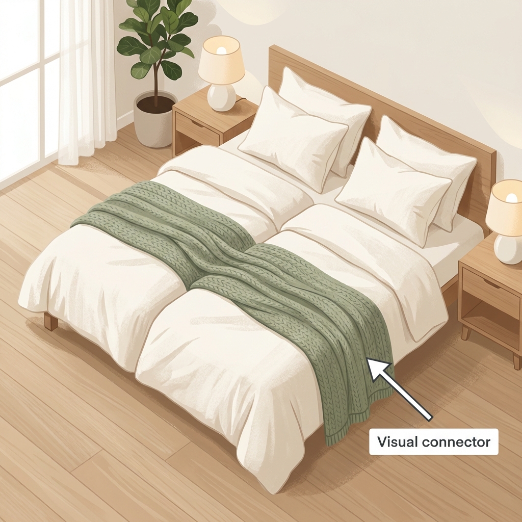 Minimalist bedroom with twin beds joined, white linen, green knitted throw across center, wooden nightstands and lamps