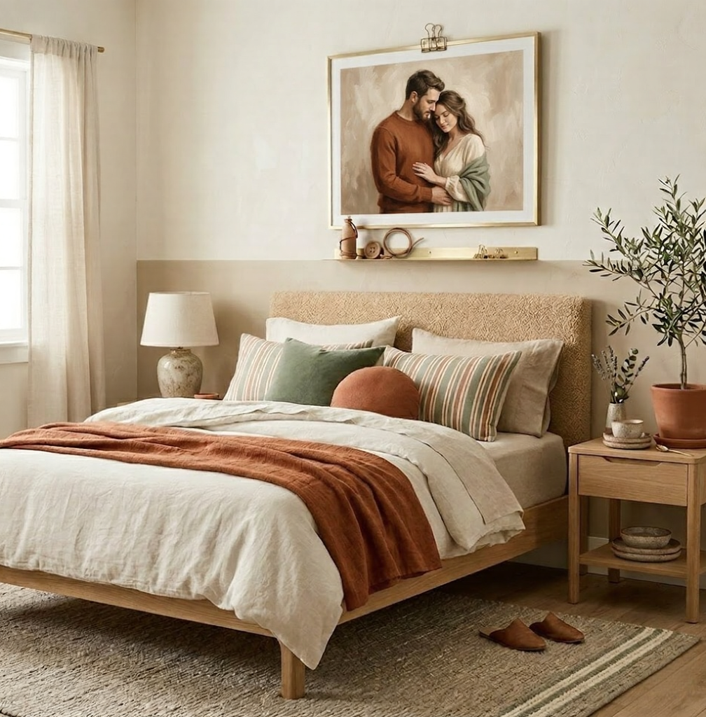 Neutral boho bedroom with wooden bed, rattan headboard, linen bedding, rust throw, striped pillows, nightstand and plant