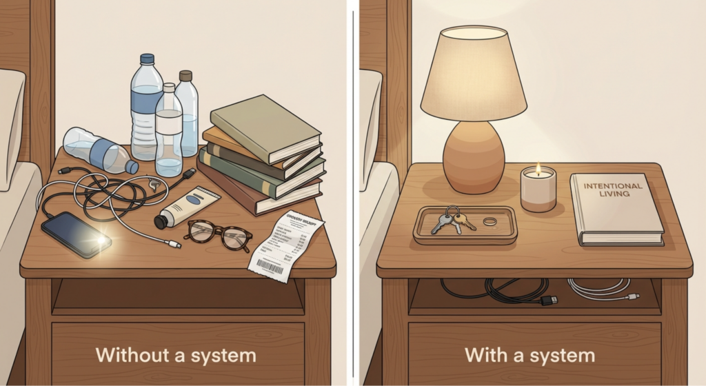 Before-and-after nightstand organization: cluttered bedside table with bottles, cables and books vs tidy, minimalist setup.