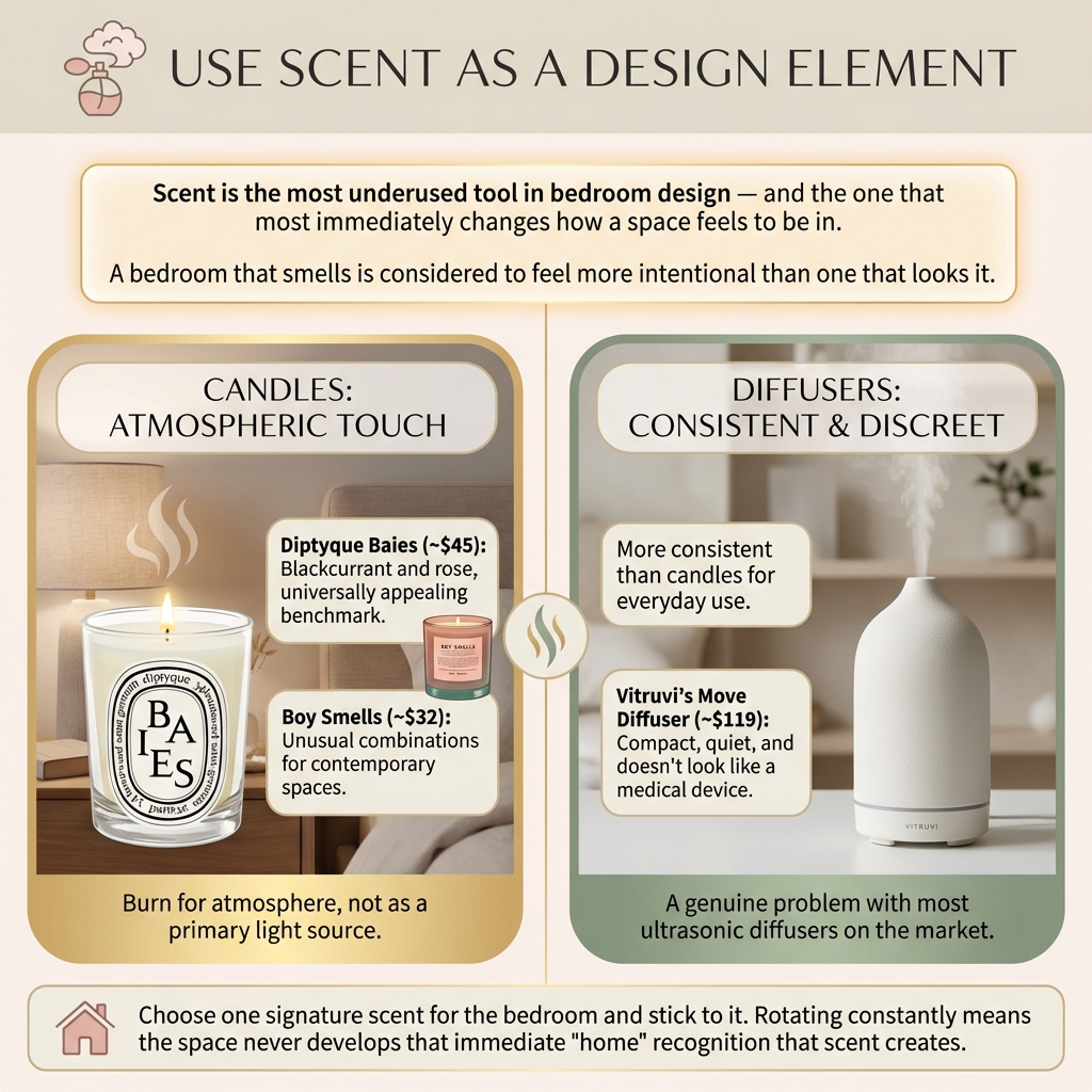 Infographic: Use scent as a design element — candles vs diffusers, tips for bedroom fragrance and signature scent.