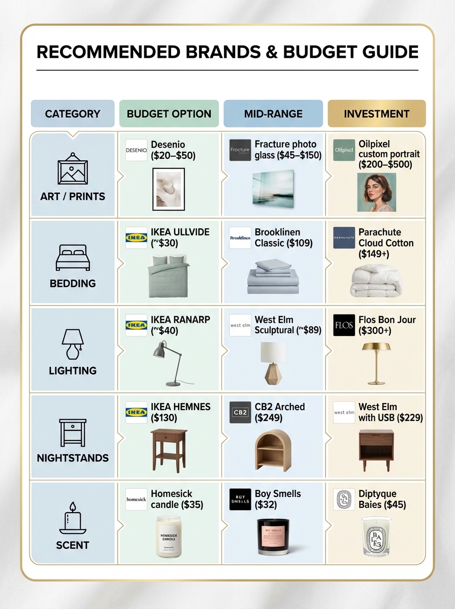 Recommended home decor brand budget guide: budget / mid-range / investment for art, bedding, lighting, nightstands, candles