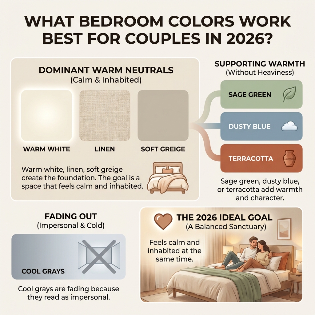 Infographic: 2026 bedroom colors for couples - warm neutrals (warm white, linen, greige) with sage, dusty blue, terracotta