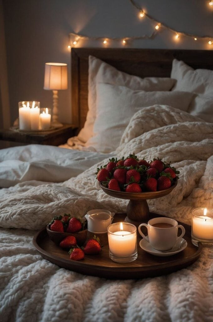 Cozy bedroom breakfast tray with fresh strawberries, lit candles, coffee and cream on chunky knit blanket under fairy lights