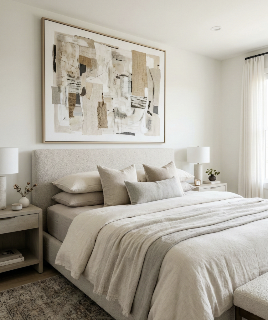 Neutral minimalist bedroom with upholstered bed, layered beige linens, abstract wall art and bedside lamps