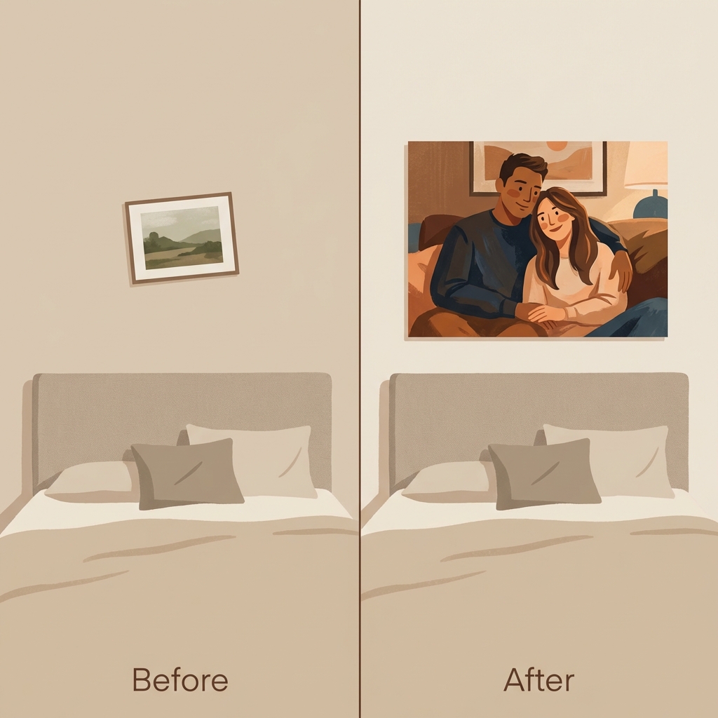 Bedroom before-and-after wall art: small crooked landscape replaced by large centered couple portrait above bed