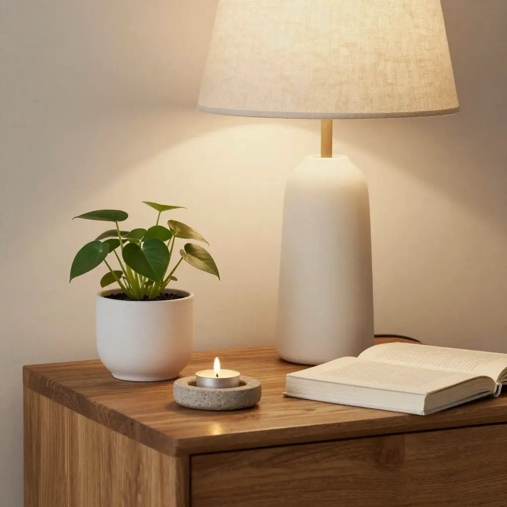 Cozy bedside table with lit candle, potted plant, open book and white ceramic lamp casting warm light