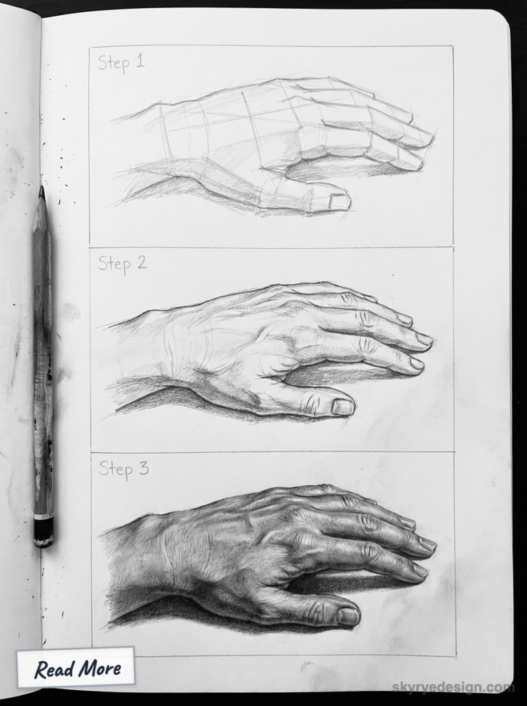 Pencil sketch tutorial: three-step realistic hand drawing study in a sketchbook with a pencil