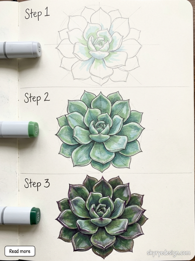 Succulent drawing tutorial: step-by-step pencil sketch, marker coloring, and final shaded succulent in a sketchbook