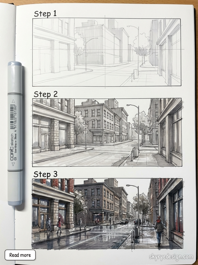 Sketchbook showing three-step city street perspective progression from rough lines to fully rendered marker scene.