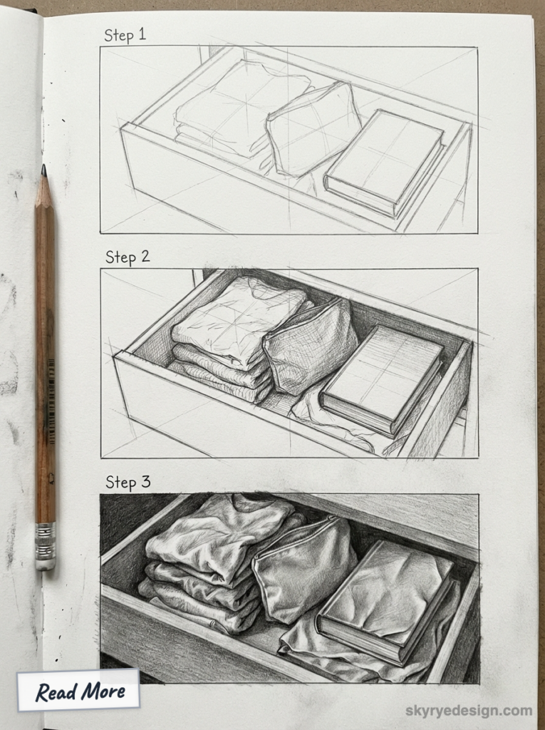 Sketchbook page showing three-step pencil tutorial for drawer organization with folded clothes, pouch and book.