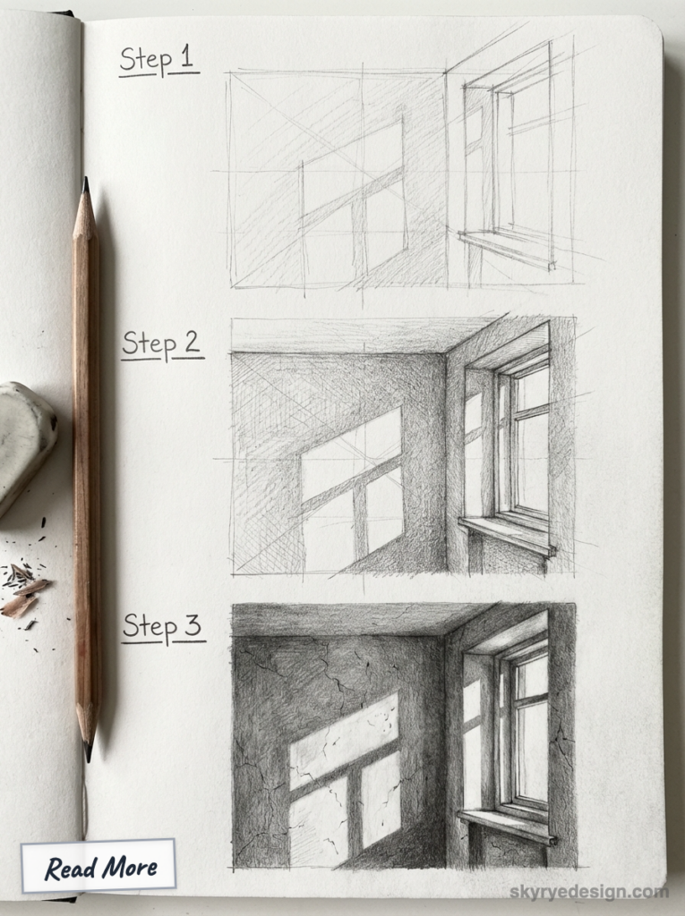 Pencil sketch tutorial: 3-step drawing of a sunlit window and interior shadows in a sketchbook, pencil and eraser visible