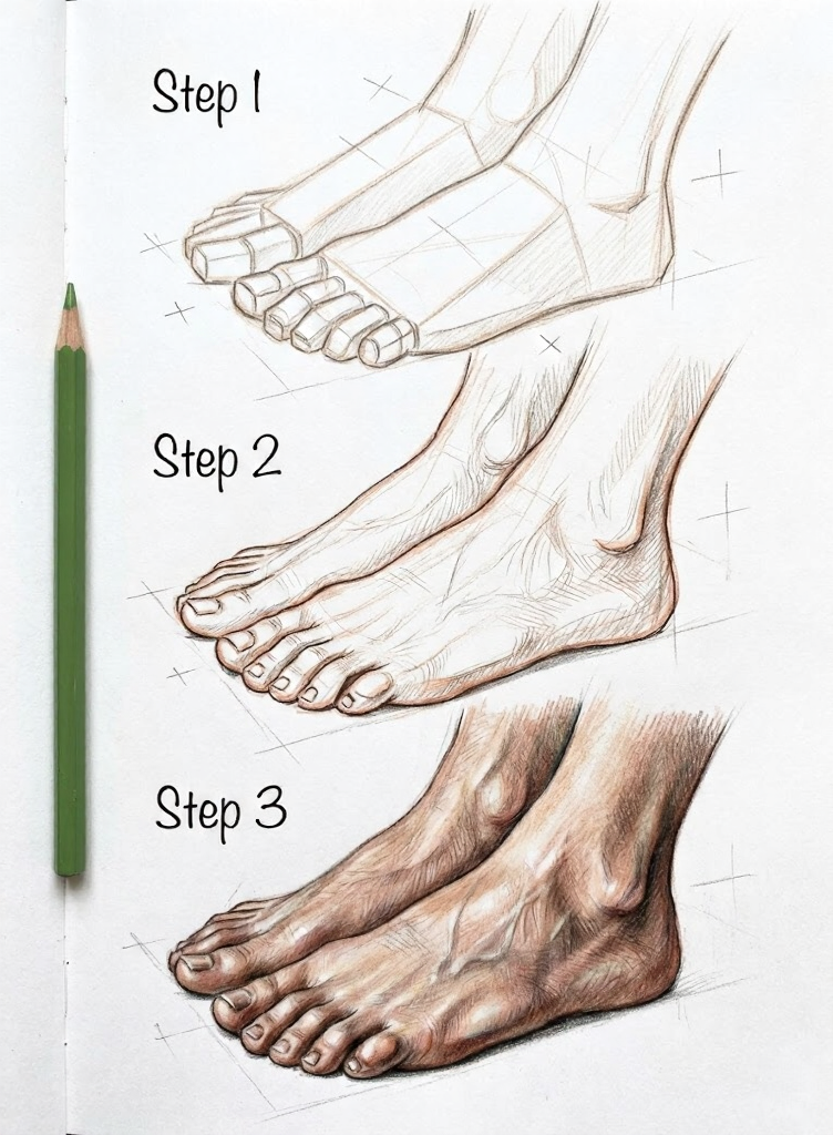 How to draw feet: step-by-step tutorial showing block forms, linework, and realistic shaded feet sketch with green pencil.