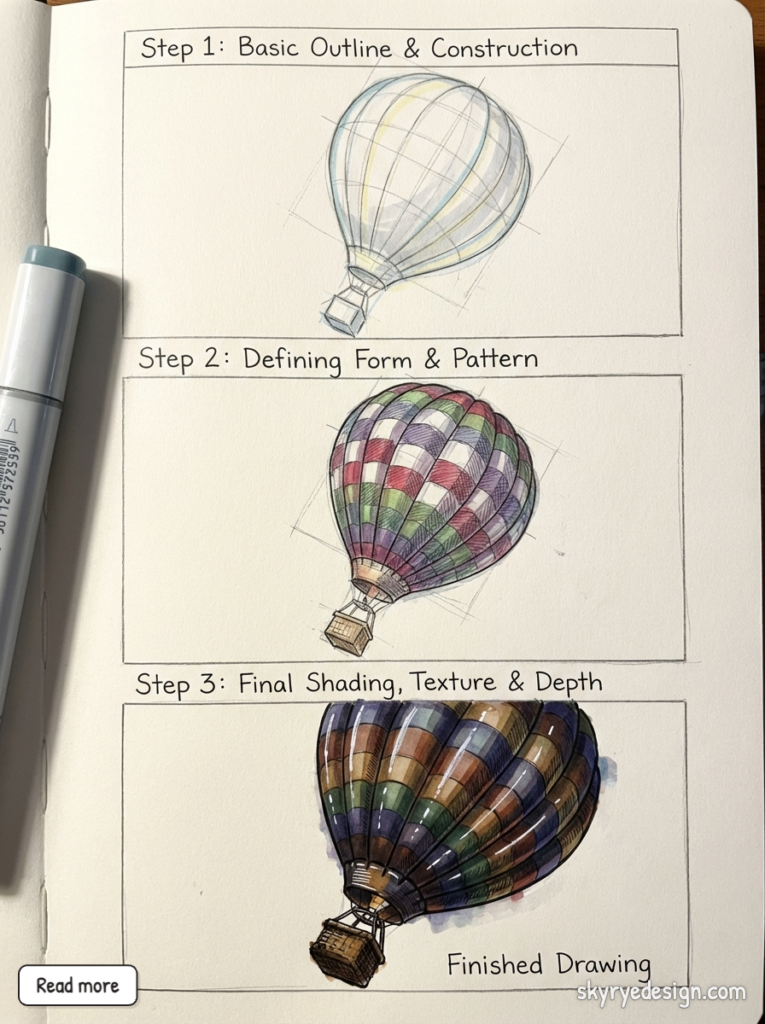 Step-by-step hot air balloon drawing tutorial with outline, pattern, and final shaded, textured watercolor sketch