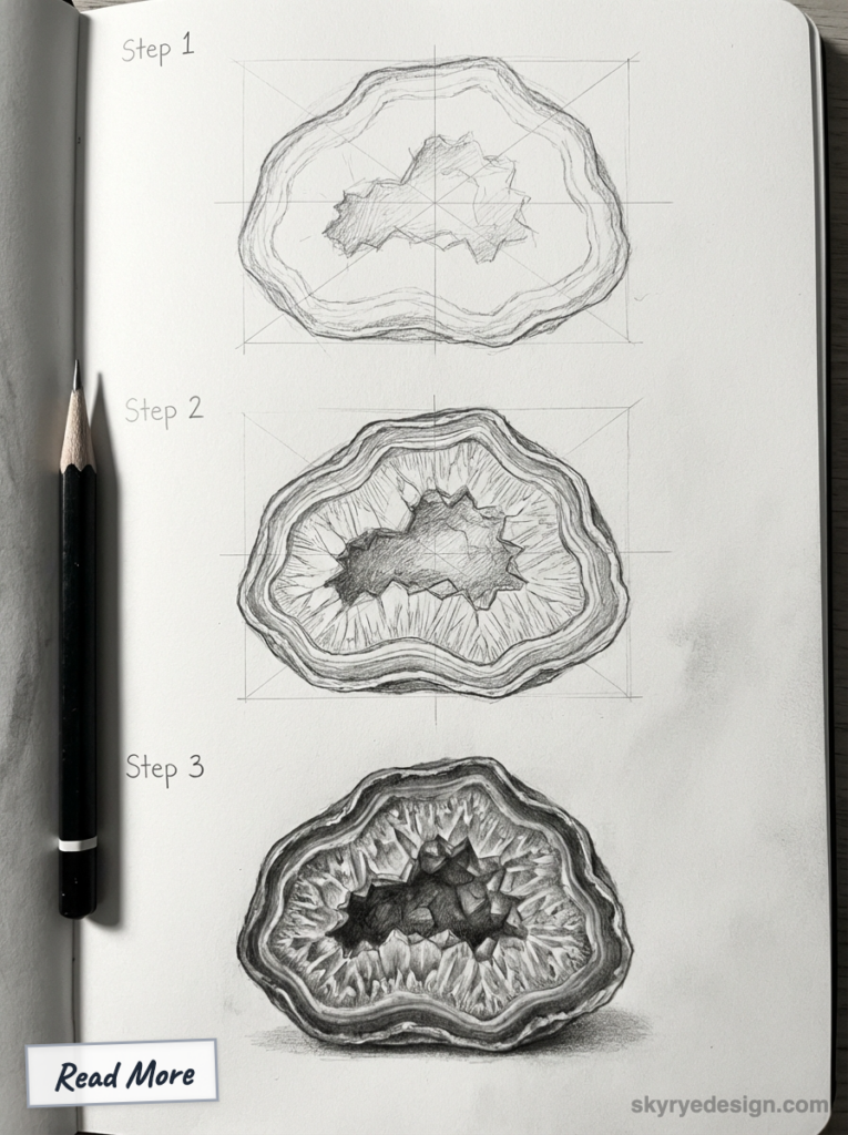Geode drawing tutorial - pencil sketch in a sketchbook showing three steps: outline, inner detail, shaded crystal center