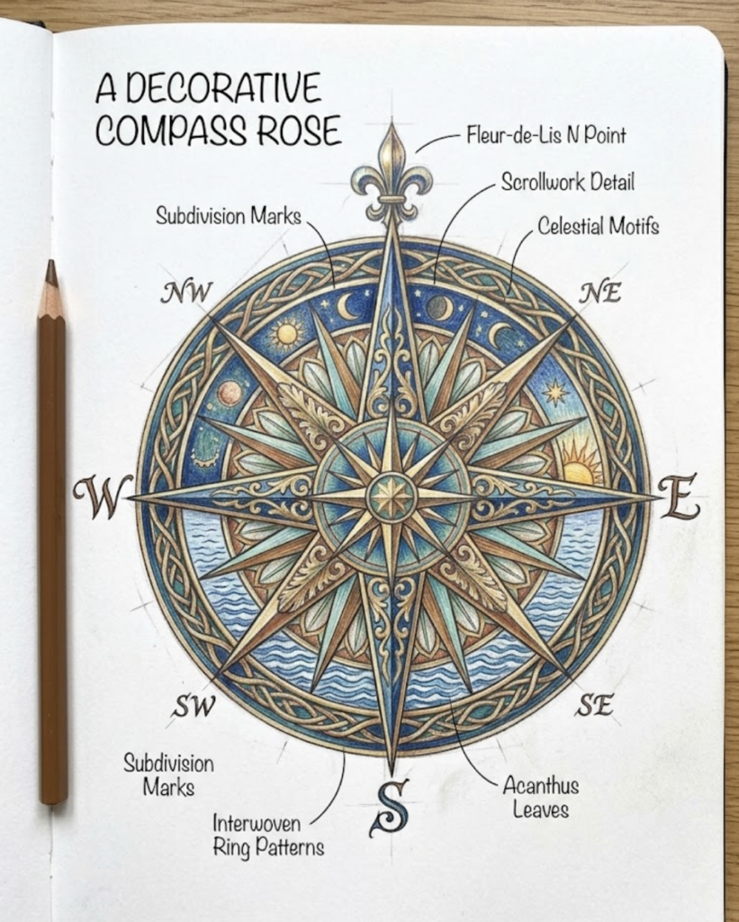Ornate decorative compass rose illustration in sketchbook with labeled parts, colored-pencil nautical design and pencil.
