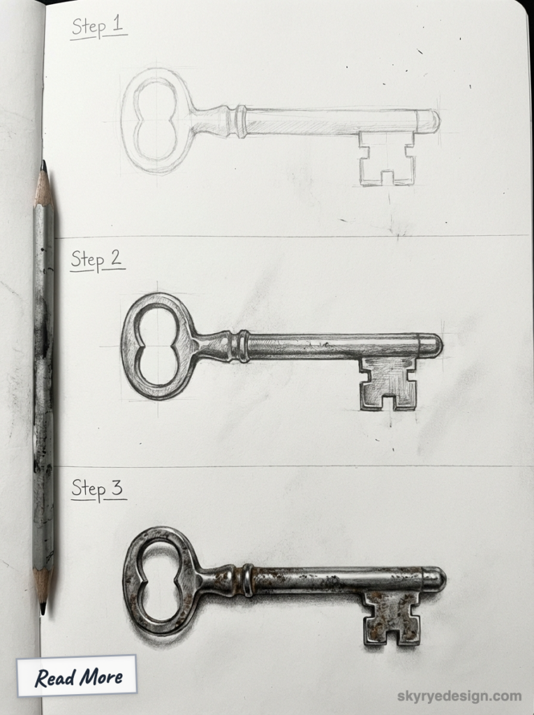 Pencil drawing tutorial: three-step sketch-to-realistic antique skeleton key on paper
