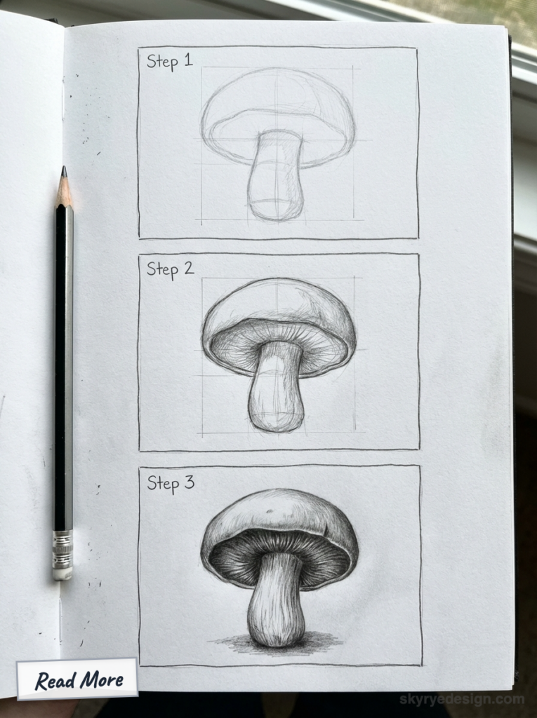 Three-step pencil sketch tutorial showing mushroom progressing from basic outline to detailed shaded drawing with pencil