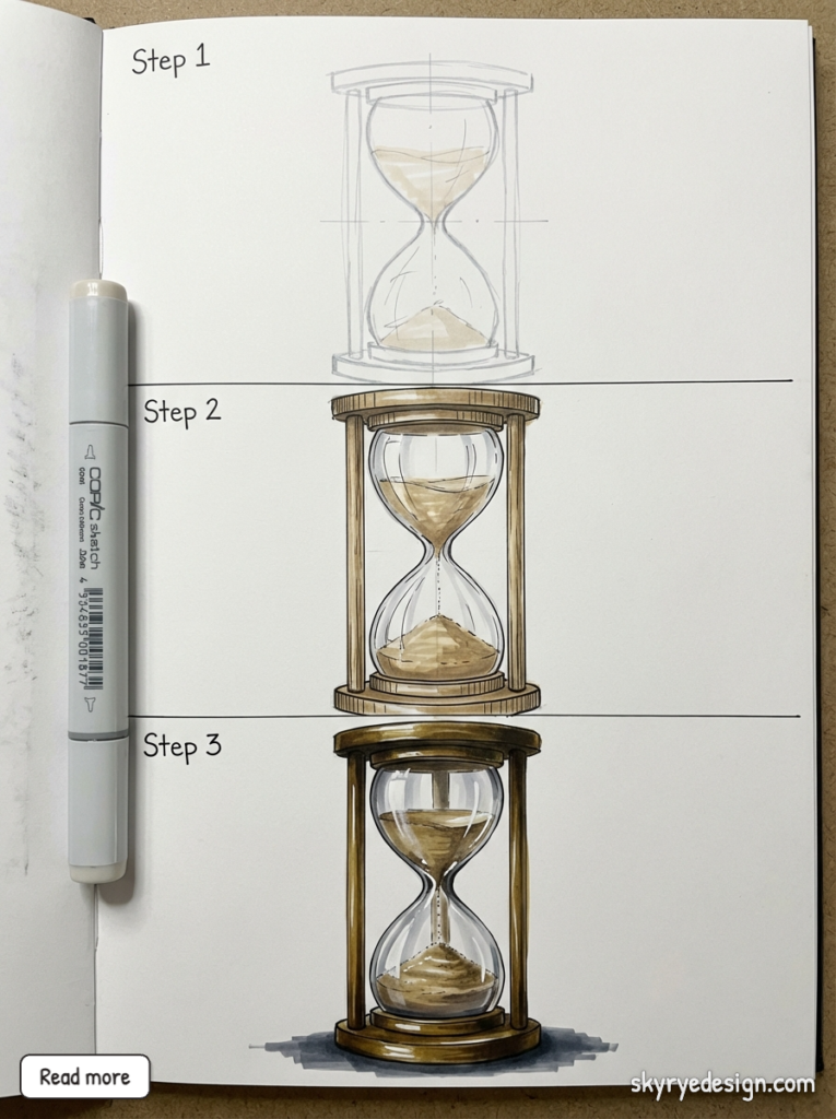 Step-by-step hourglass drawing tutorial: sketch, refined linework, and final colored marker rendering in a sketchbook.